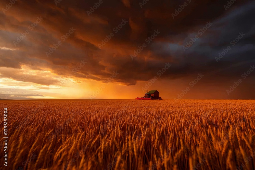 Obraz premium Combine Harvesting Wheat Field Under Dramatic Sunset and Storm Clouds