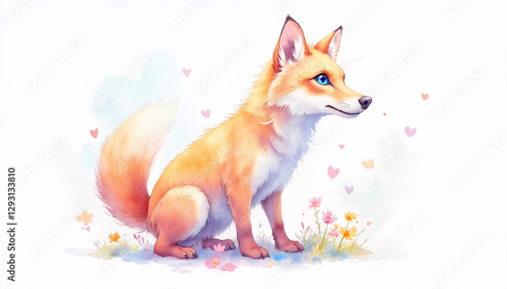 Obraz premium A cute cartoon fox is sitting in a field of flowers. The fox has a blue eye and a pink heart on its chest. The scene is peaceful and serene, with the fox looking up at the camera