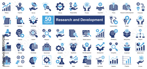 Research and Development icon set in Two Color style, covering innovation, strategy, market research, and product development. Ideal for business, industry, and scientific research.
