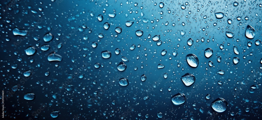 Close-up of water droplets on glass surface with blue background and soft focus, copy space for text Close-up of water droplets on glass surface with blue background and soft focus, copy space for text