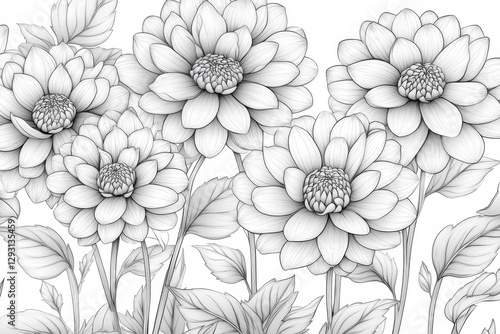 Wallpaper Mural Detailed line drawing of dahlias showcasing intricate floral designs with flowing leaves in a minimalist style Torontodigital.ca