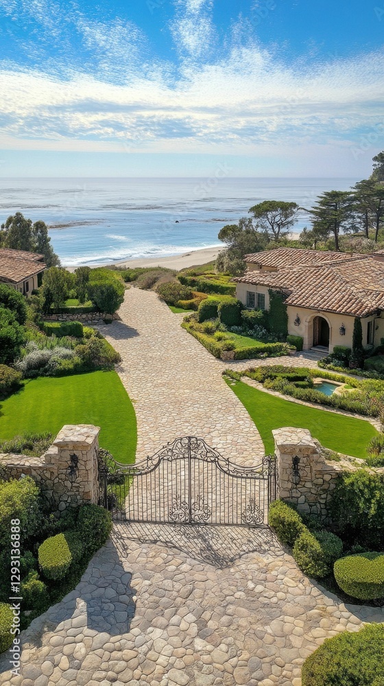Oceanfront house, stone driveway, ornate gate, lush landscaping. Oceanfront house, stone driveway, ornate gate, lush landscaping.