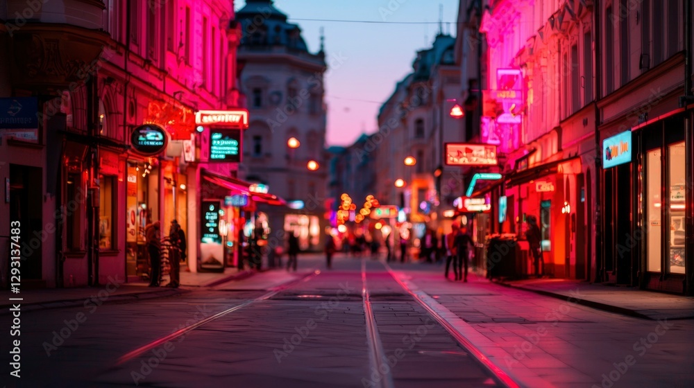 Neon-lit street with pedestrians at dusk Neon-lit street with pedestrians at dusk