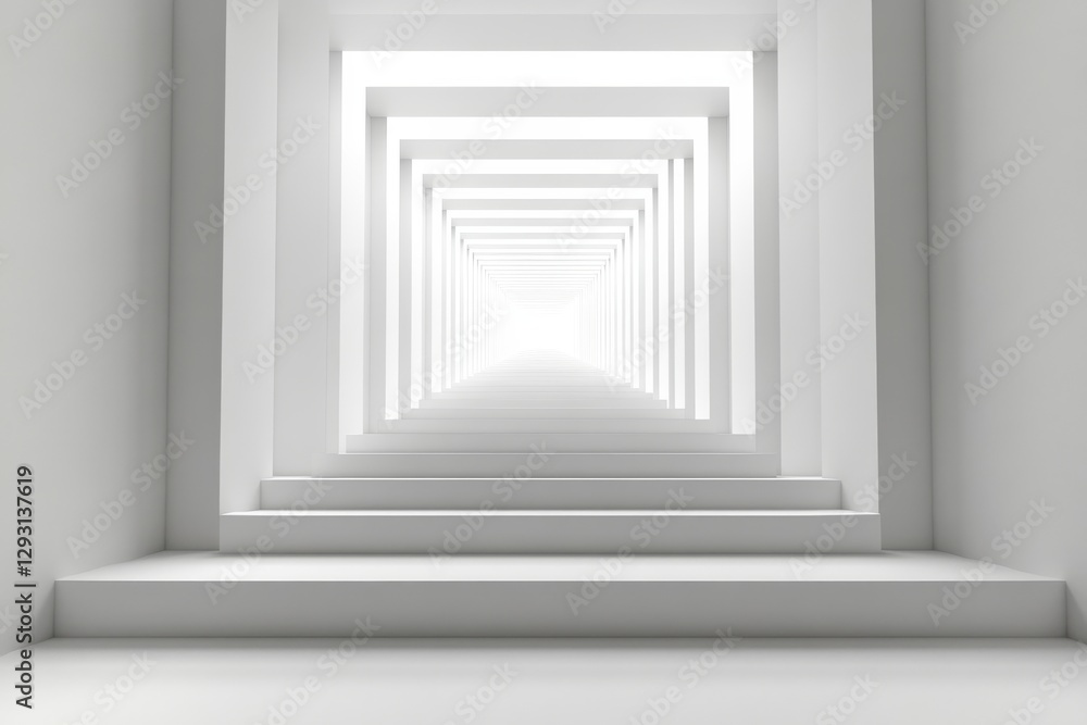 Fototapeta premium Endless white stairway leading to bright light creates a surreal and minimalist atmosphere