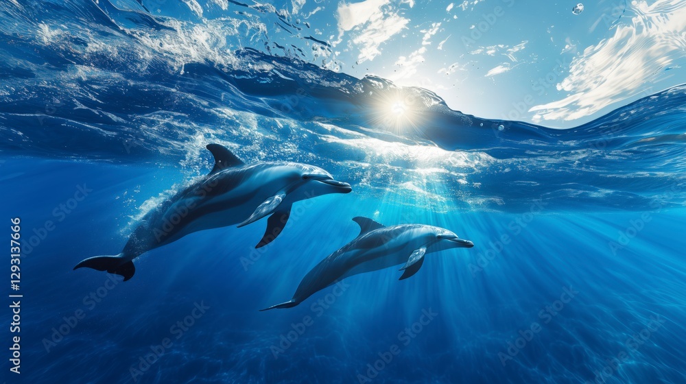 Obraz premium Two Beautiful Dolphins Swimming Underwater Through Sunrays with Breaking Wave Above. Split-Level, Over-Under Photo. Ocean Environmental Concept Background