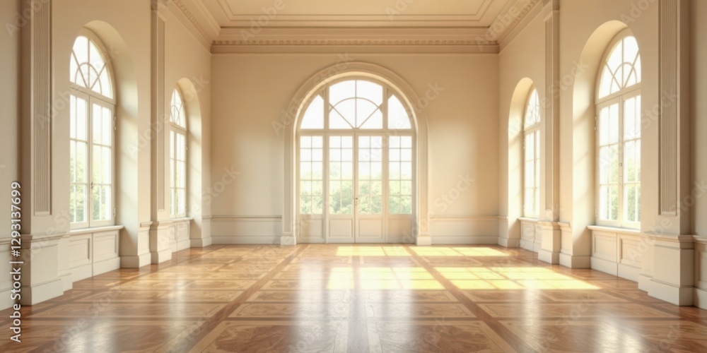 Sunlit Elegance A Spacious Room with Arched Windows and Exquisite Hardwood Flooring Sunlit Elegance A Spacious Room with Arched Windows and Exquisite Hardwood Flooring