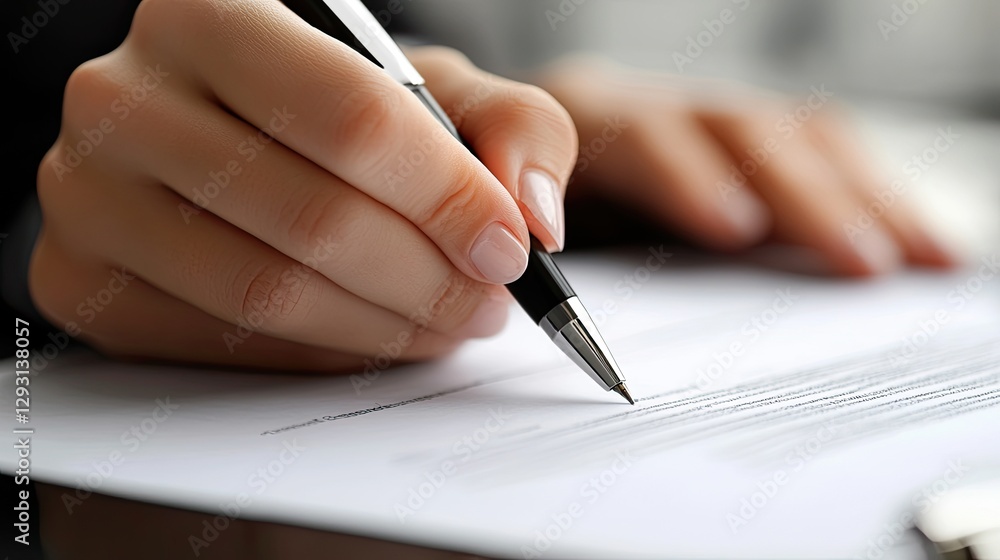 A close-up of a person's hand holding a pen near a loan contract, ready to sign the document. A close-up of a person's hand holding a pen near a loan contract, ready to sign the document.