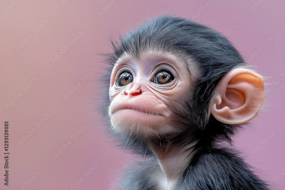 Young monkey gazes curiously with large eyes, showcasing playful expression against soft background Young monkey gazes curiously with large eyes, showcasing playful expression against soft background