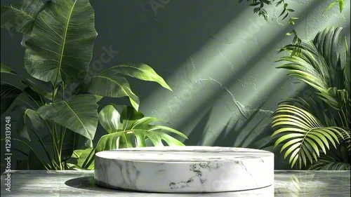 Empty marble podium pedestal for presentation of cosmetics with tropical palm leaves. Natural eco cosmetic spa concept. Mockup template scene for advertising a product
