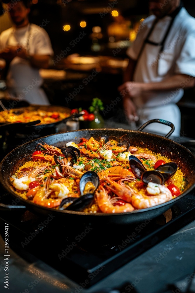 Chefs Prepare Seafood Paella in a Restaurant Kitchen Chefs Prepare Seafood Paella in a Restaurant Kitchen