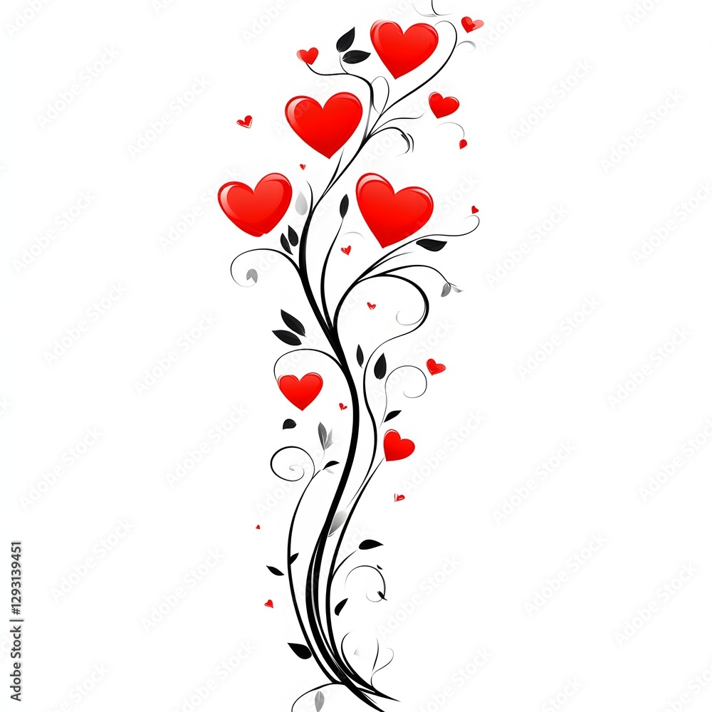 Red hearts on a decorative vine Red hearts on a decorative vine