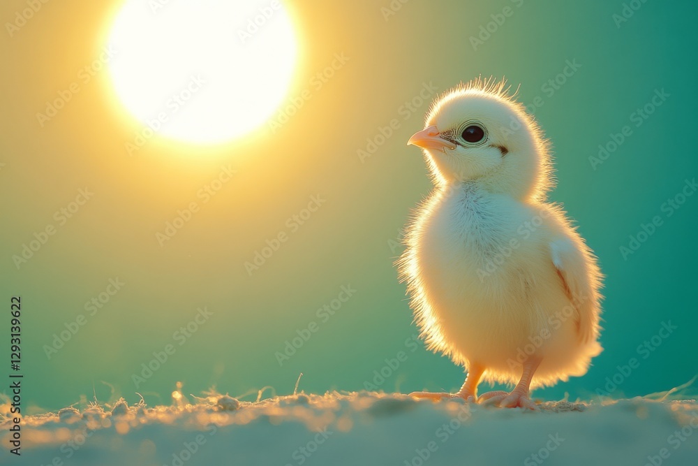 Baby bird stands in sunlight against a vibrant background during early morning hours Baby bird stands in sunlight against a vibrant background during early morning hours