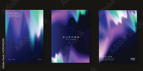 Modern gradient poster aurora design vector set. Minimalist cover template with vibrant northern light collection. Ideal design for background, social media, cover, banner, flyer, ads.