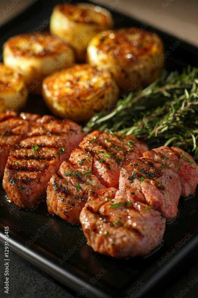 Grilled steak with roasted potatoes and rosemary garnish Grilled steak with roasted potatoes and rosemary garnish