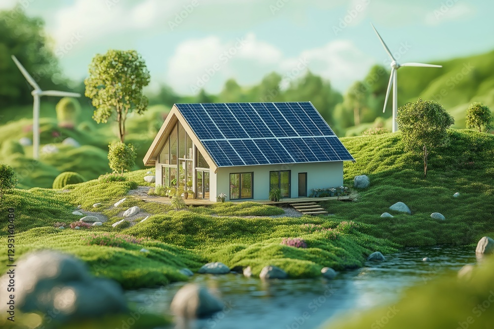 Self-sufficient eco-home with solar panels and wind turbine in a forest setting Self-sufficient eco-home with solar panels and wind turbine in a forest setting