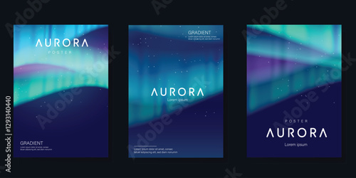 Modern gradient poster aurora design vector set. Minimalist cover template with vibrant northern light collection. Ideal design for background, social media, cover, banner, flyer, ads.