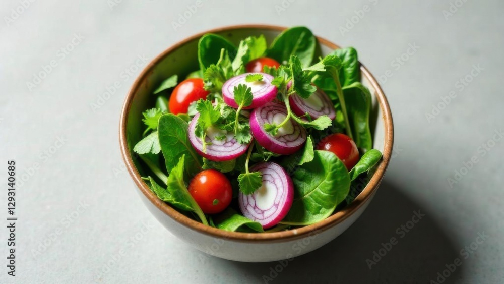spinach salad onion tomato on a plate close-up view from above spinach salad onion tomato on a plate close-up view from above