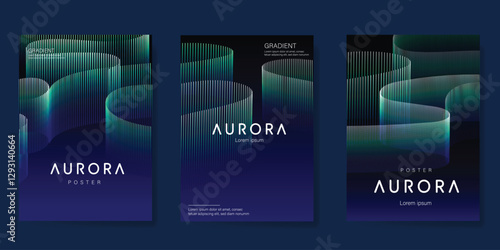 Modern gradient poster aurora design vector set. Minimalist cover template with vibrant northern light collection. Ideal design for background, social media, cover, banner, flyer, ads.