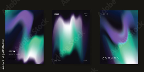 Modern gradient poster aurora design vector set. Minimalist cover template with vibrant northern light collection. Ideal design for background, social media, cover, banner, flyer, ads.