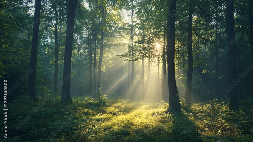 A serene forest scene with sunlight streaming through the trees, illuminating the lush greenery on the forest floor. A serene forest scene with sunlight streaming through the trees, illuminating the lush greenery on the forest floor.