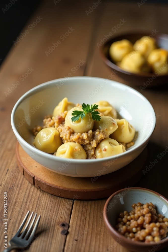 Aromatic Dumplings in Savory Grain Sauce, Garnished with Fresh Herbs, Served on Rustic Wooden Table Aromatic Dumplings in Savory Grain Sauce, Garnished with Fresh Herbs, Served on Rustic Wooden Table