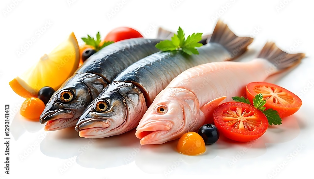 Three fresh fish fillets with lemon, tomato, herbs, and berries ready to cook Three fresh fish fillets with lemon, tomato, herbs, and berries ready to cook