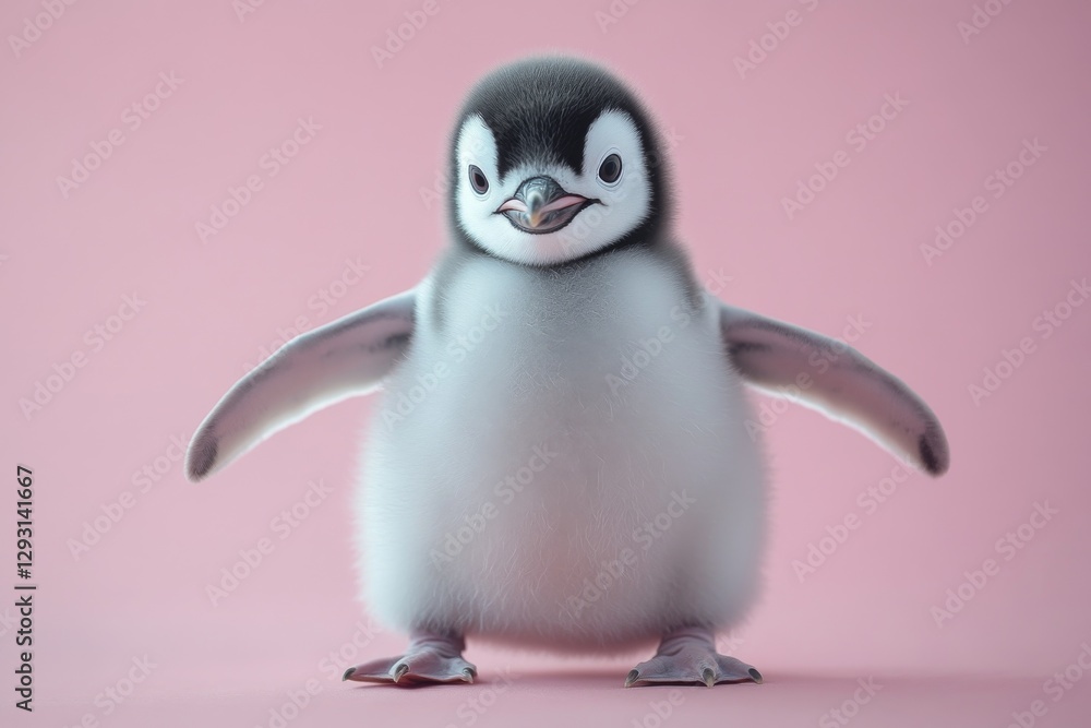 Fototapeta premium Cute penguin chick standing on a soft pink background looking curiously at the viewer and spreading its wings playfully
