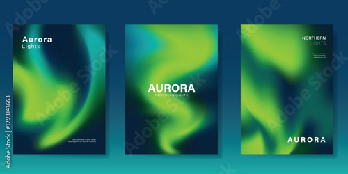 Modern gradient poster aurora design vector set. Minimalist cover template with vibrant northern light collection. Ideal design for background, social media, cover, banner, flyer, ads.