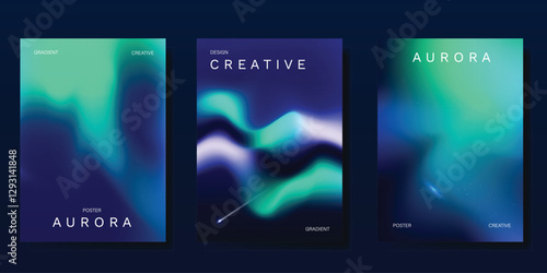 Modern gradient poster aurora design vector set. Minimalist cover template with vibrant northern light collection. Ideal design for background, social media, cover, banner, flyer, ads.