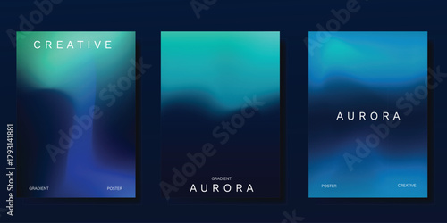 Modern gradient poster aurora design vector set. Minimalist cover template with vibrant northern light collection. Ideal design for background, social media, cover, banner, flyer, ads.