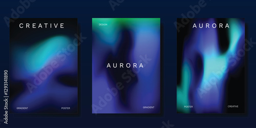Modern gradient poster aurora design vector set. Minimalist cover template with vibrant northern light collection. Ideal design for background, social media, cover, banner, flyer, ads.