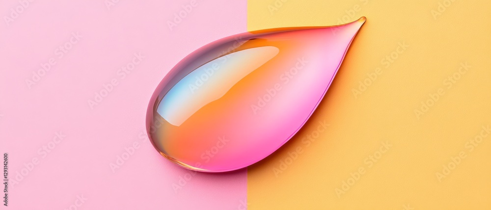 A drop of liquid with a rainbow color is on a pink and yellow background A drop of liquid with a rainbow color is on a pink and yellow background