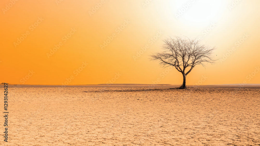 Lonely tree on a barren landscape at sunset with an orange sky Lonely tree on a barren landscape at sunset with an orange sky
