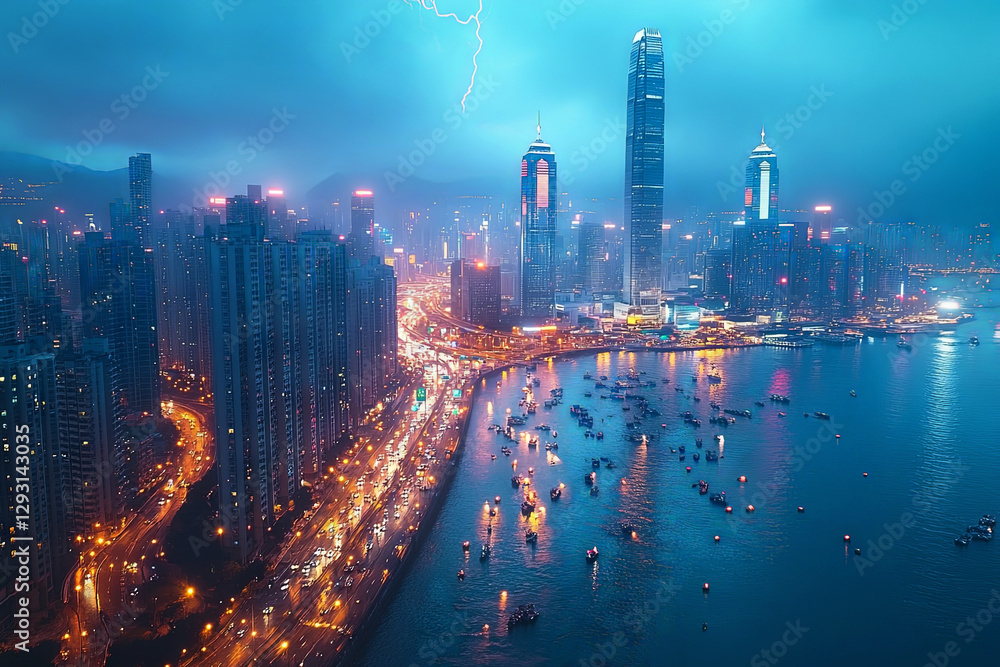Fototapeta premium Aerial view of lightning over the Hong Kong cityscape, symbolizing power and beauty
