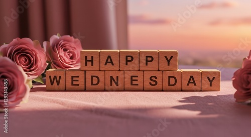 Happy Wednesday Greeting with Pink Roses and Sunset View