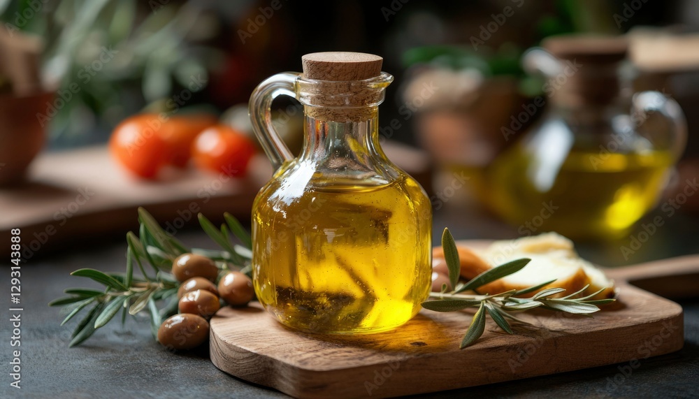 Olive oil in glass bottle with olives and bread on wooden board Olive oil in glass bottle with olives and bread on wooden board