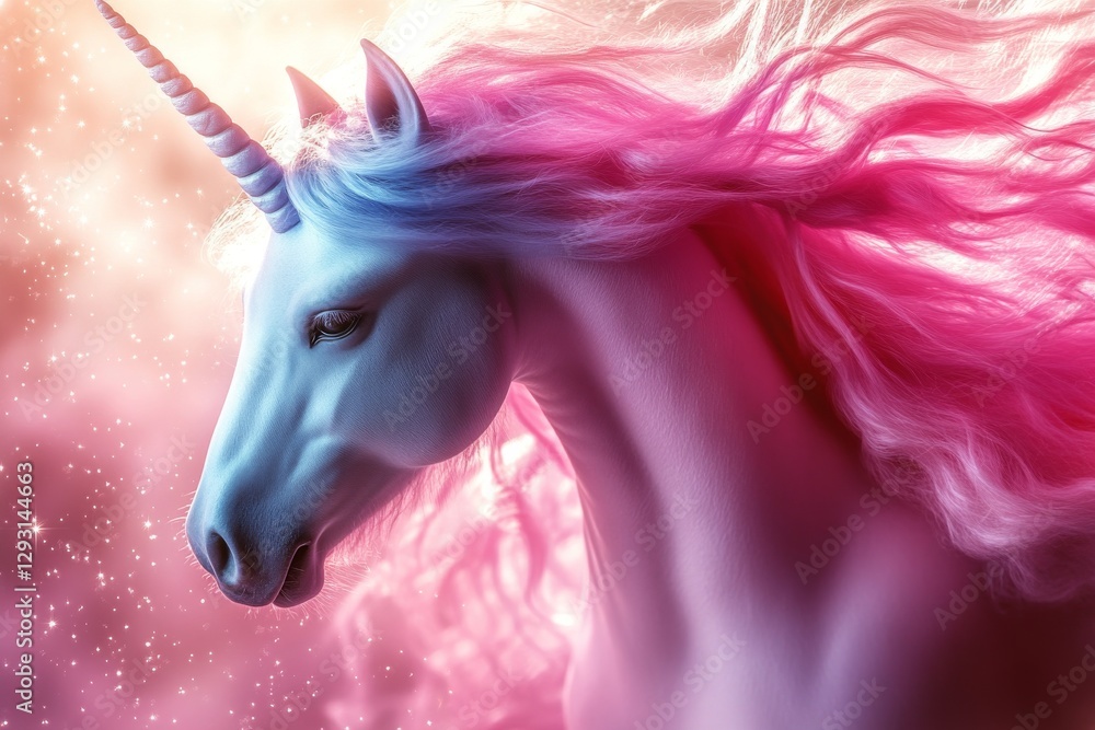 Majestic unicorn with vibrant mane in a dreamlike setting filled with light and sparkles during twilight Majestic unicorn with vibrant mane in a dreamlike setting filled with light and sparkles during twilight