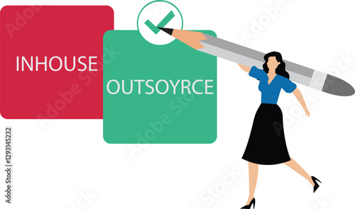 Business manager deciding between inhouse or outsourcing with check mark