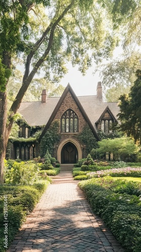 Stone house, lush garden, brick path, sunlight.