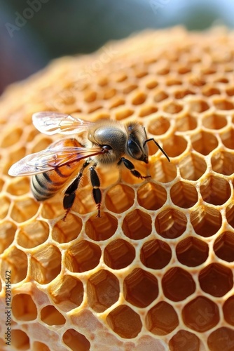 Bee on Honeycomb Close-up of Nature's Golden Treasure