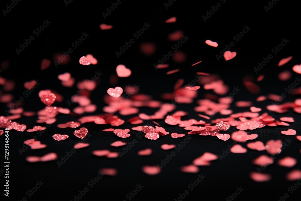 Heart-shaped glitter confetti scattered on a dark surface creating a festive atmosphere for celebrations Heart-shaped glitter confetti scattered on a dark surface creating a festive atmosphere for celebrations
