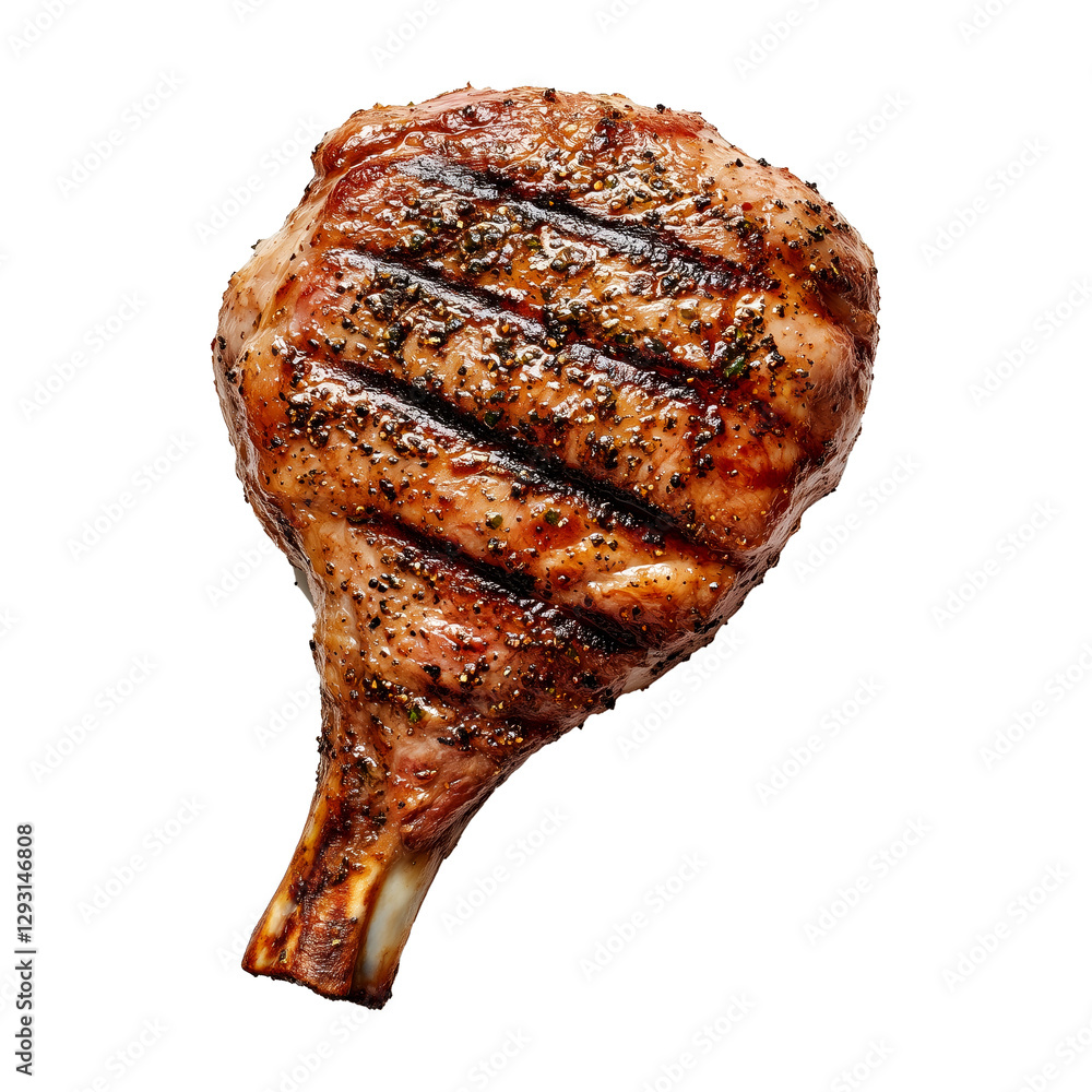 Juicy grilled lamb leg with bone, seared to perfection, showing char marks, isolated on white transparent background. Concept of gourmet meat cuisine Juicy grilled lamb leg with bone, seared to perfection, showing char marks, isolated on white transparent background. Concept of gourmet meat cuisine
