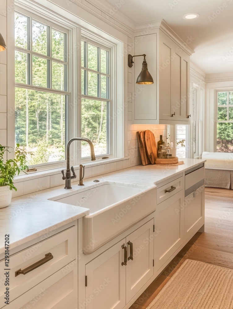 Elegant kitchen area with cabinets and sink and windows Elegant kitchen area with cabinets and sink and windows
