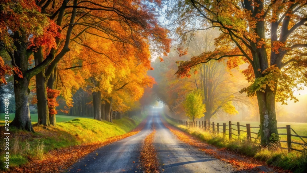 Fototapeta premium Autumn morning on a meandering country road, misty atmosphere, autumn leaves