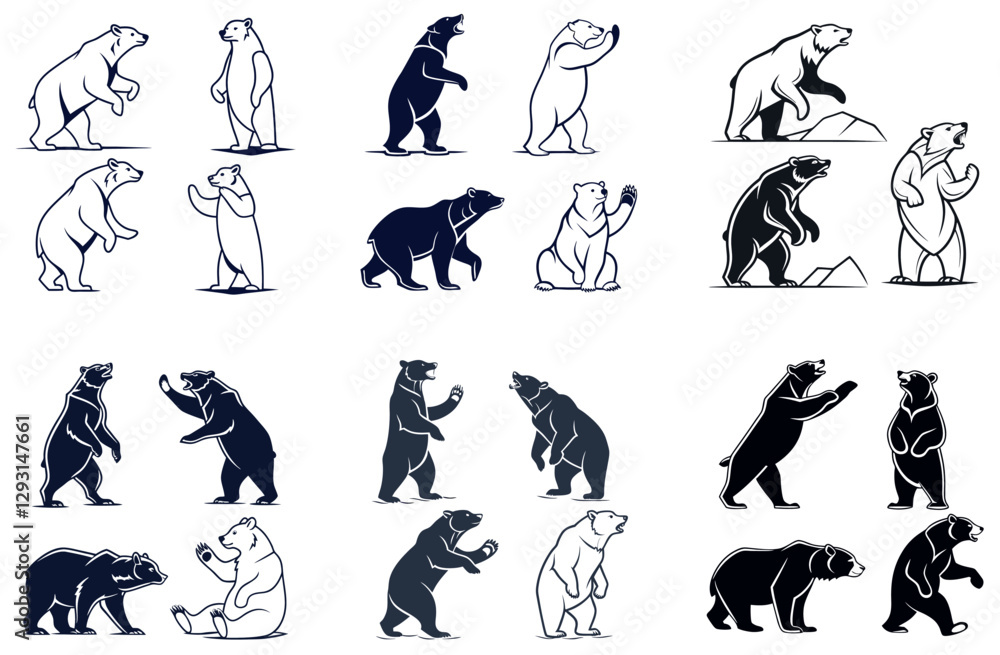 Obraz premium Minimalist Line Art Bear Silhouette – Strong and Bold Wildlife Vector for Branding. 24 set bundle.