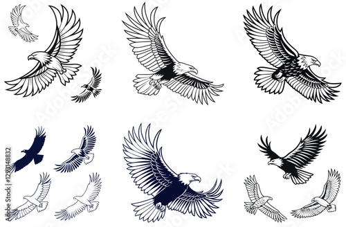 Minimalist Line Art Eagle Silhouette – Powerful Bird of Prey Vector for Logos and Prints. 24 set bundle,