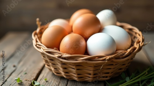 A rustic wicker basket overflowing with a collection of freshly gathered brown and white eggs, resting on a weathered wooden surface