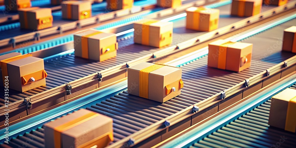 Macro Shot: Small Boxes on Factory Conveyor Belt – Industrial Packaging Process Macro Shot: Small Boxes on Factory Conveyor Belt – Industrial Packaging Process