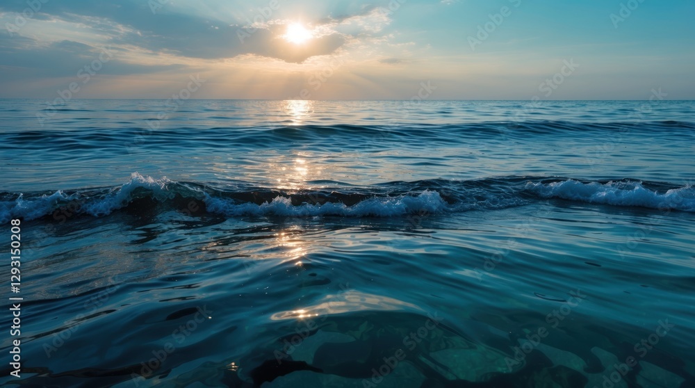 Naklejka premium Tranquil ocean scene with sunlight reflecting on calm waters and gentle waves under a serene sky during sunrise or sunset.
