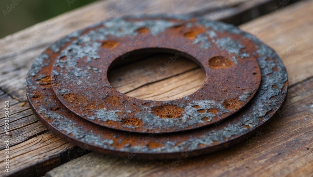 Rusty metal disks on aged wooden board highlighting textures and decay in macro photography Rusty metal disks on aged wooden board highlighting textures and decay in macro photography